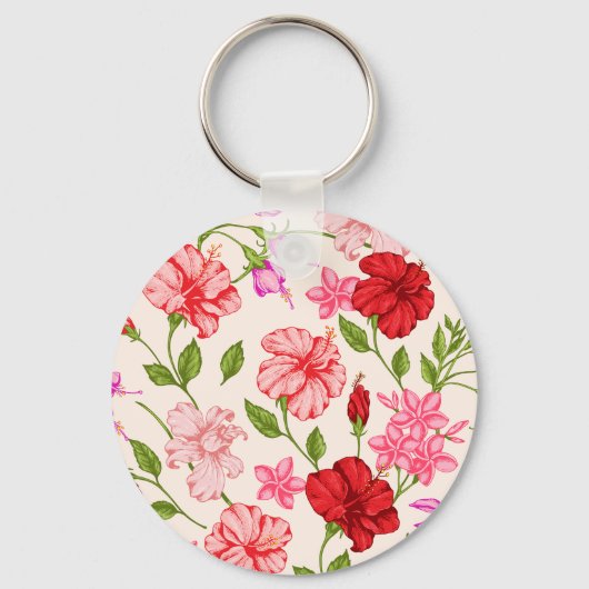 Tropische Hibiscus en Plumeria Bloemenpatroon Sleutelhanger (Achterkant)