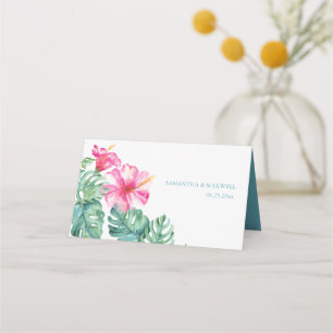 Tropische Hibiscus en Waterverf Greenery Wedding Plaatskaartje