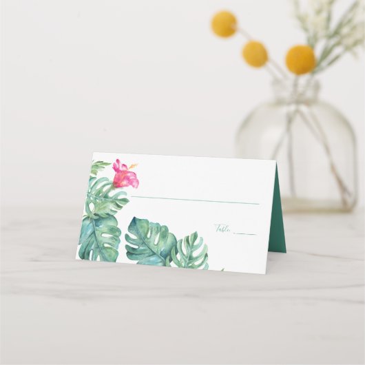 Tropische Hibiscus en Waterverf Greenery Wedding Plaatskaartje (Voorkant)