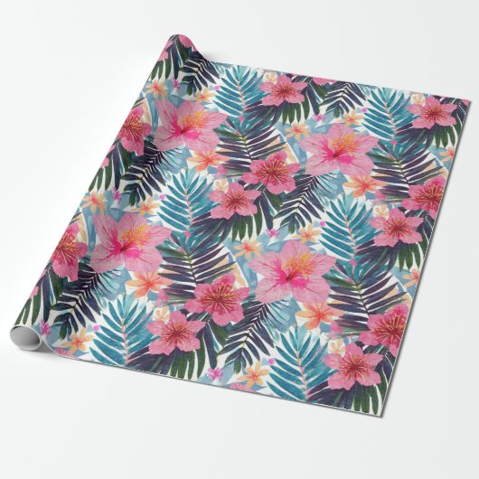 Tropische hibiscus floraal cadeaupapier (Uitgerold)