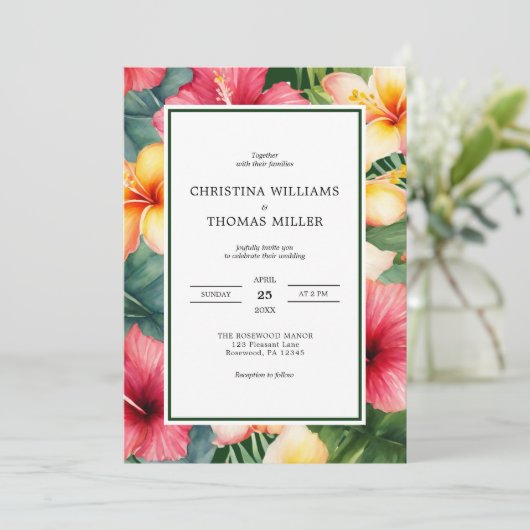 Tropische Hibiscus Floral Bestemming Bruiloft Kaart (Staand voorkant)