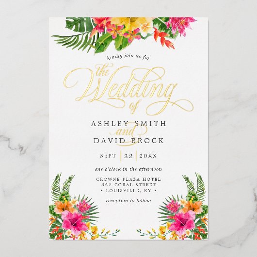Tropische Hibiscus Floral Calligraphy Wedding Folie Uitnodiging (Voorkant)