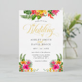 Tropische Hibiscus Floral Calligraphy Wedding Folie Uitnodiging (Staand Voorkant)