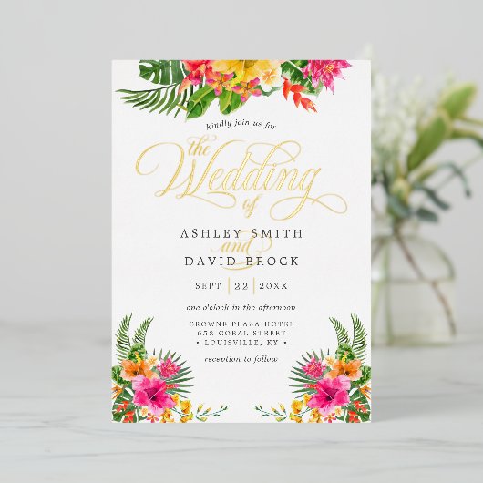 Tropische Hibiscus Floral Calligraphy Wedding Folie Uitnodiging (Staand Voorkant)
