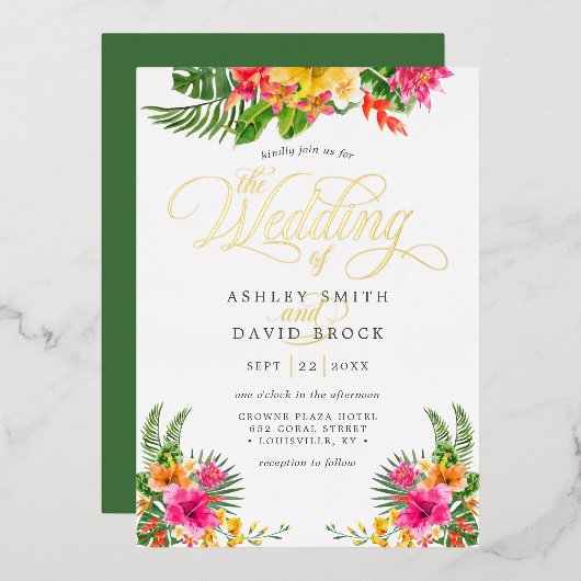Tropische Hibiscus Floral Calligraphy Wedding Folie Uitnodiging (Voorkant / Achterkant)