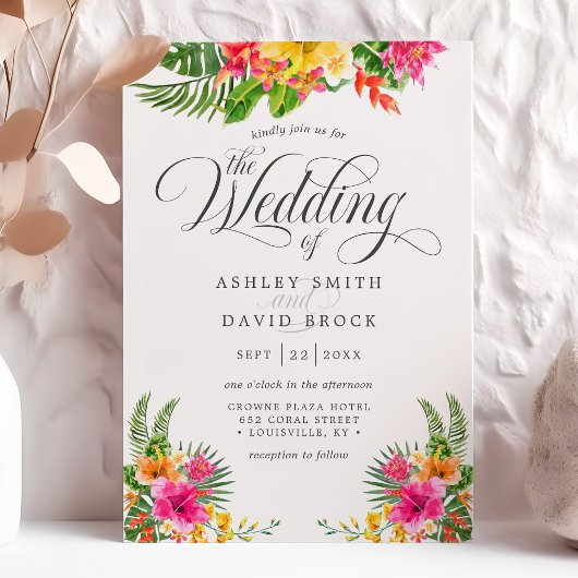 Tropische Hibiscus Floral Calligraphy Wedding Kaart
