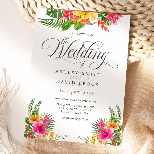 Tropische Hibiscus Floral Calligraphy Wedding Kaart