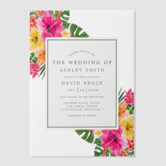 Tropische Hibiscus Floral Palm Leaves Wedden Vellum Uitnodigingen (Voorkant)