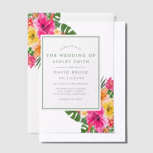 Tropische Hibiscus Floral Palm Leaves Wedden Vellum Uitnodigingen (Offset)