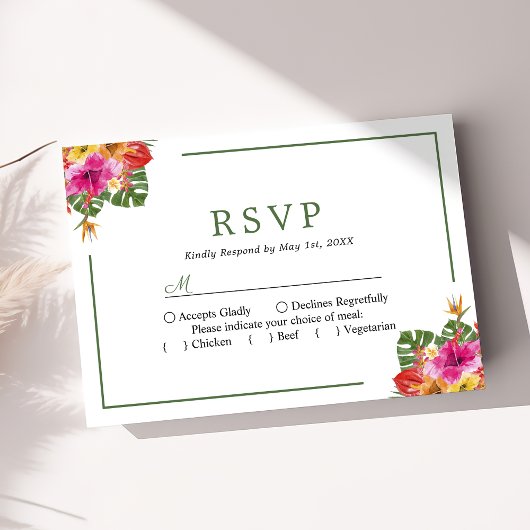 Tropische Hibiscus Floral Palm Leaves Weddenschap  RSVP Kaartje
