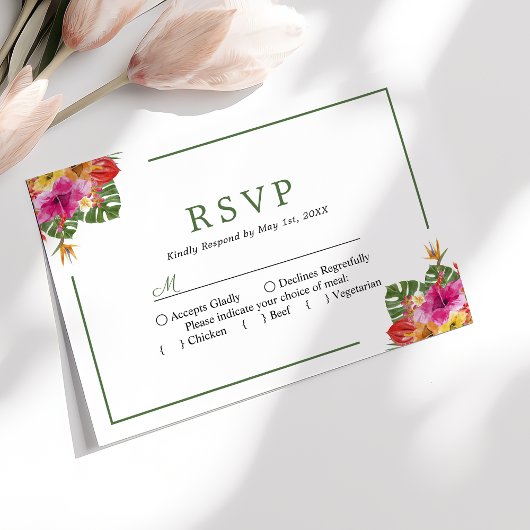 Tropische Hibiscus Floral Palm Leaves Weddenschap  RSVP Kaartje