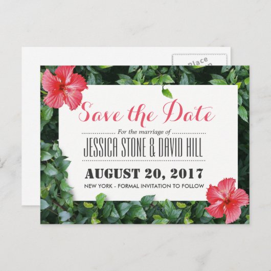 Tropische Hibiscus Flowers bruiloft de datum bewar Aankondigingskaart (Voorkant / Achterkant)