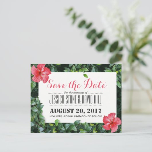 Tropische Hibiscus Flowers bruiloft de datum bewar Aankondigingskaart (Staand voorkant)