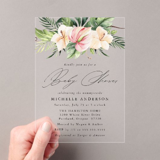 Tropische Hibiscus Flowers en Leaves Baby shower Acryl Uitnodigingen (Insitu (Draagbaar))
