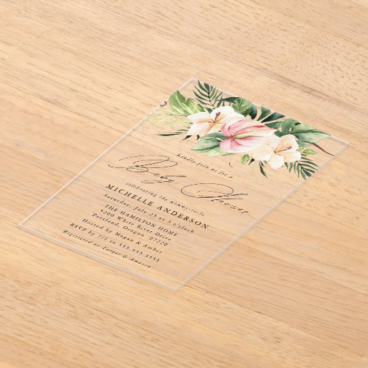 Tropische Hibiscus Flowers en Leaves Baby shower Acryl Uitnodigingen (Laagn)