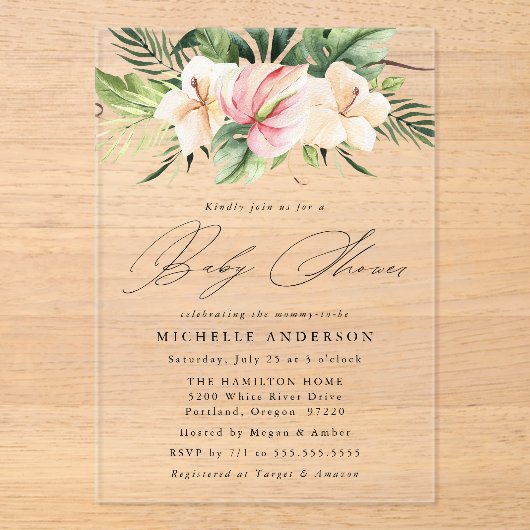 Tropische Hibiscus Flowers en Leaves Baby shower Acryl Uitnodigingen (Voorkant)