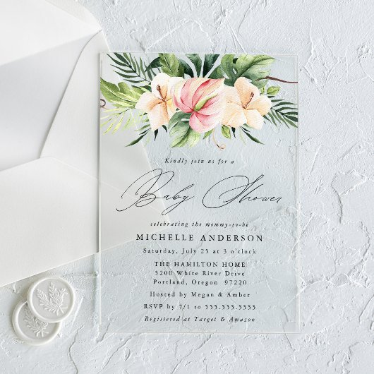 Tropische Hibiscus Flowers en Leaves Baby shower Acryl Uitnodigingen