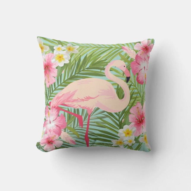 Tropische Hibiscus Flowers met roze Flamingo Buitenkussen (Voorkant)