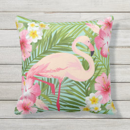 Tropische Hibiscus Flowers met roze Flamingo Buitenkussen