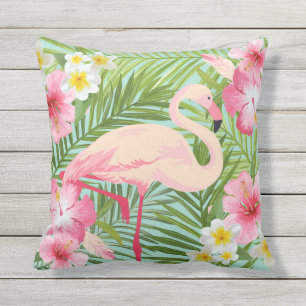 Tropische Hibiscus Flowers met roze Flamingo Buitenkussen