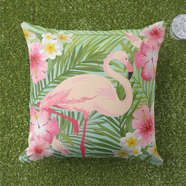 Tropische Hibiscus Flowers met roze Flamingo Buitenkussen (Gras)