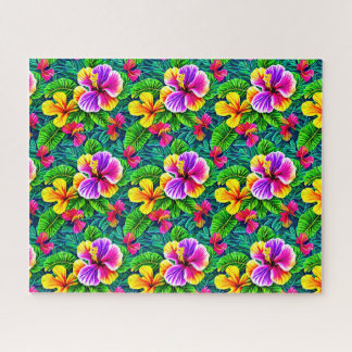 Tropische Hibiscus Flowers & Oerwoud Leaves Legpuzzel
