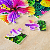 Tropische Hibiscus Flowers & Oerwoud Leaves Legpuzzel (Zijkant)