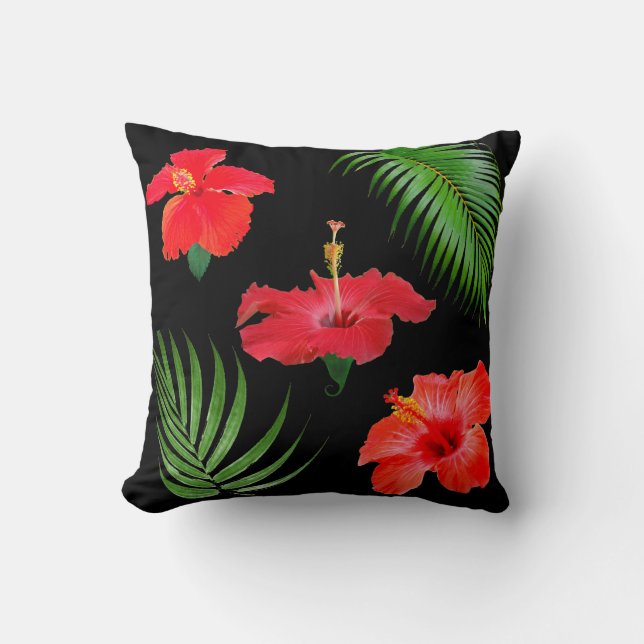 Tropische Hibiscus Flowers & Palm Leaves op Black Kussen (Voorkant)