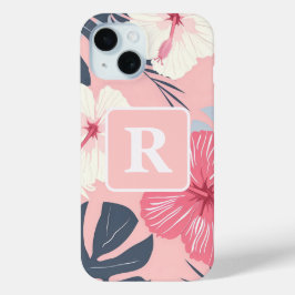 Tropische hibiscus gepersonaliseerd monogram iPhone 15 case