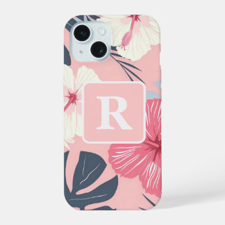 Tropische hibiscus gepersonaliseerd monogram iPhone 15 case