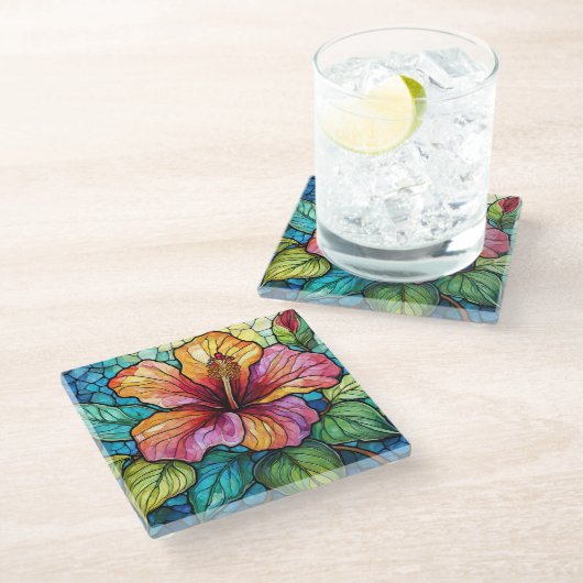 Tropische Hibiscus Glas in lood kunst Glazen Onderzetter (Schuin)