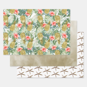 Tropische Hibiscus Gouden Ananas Bloemen Inpakpapier Vel