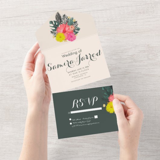 Tropische Hibiscus Hand getrokken zomer bruiloft All In One Uitnodiging (Afscheurbaar)