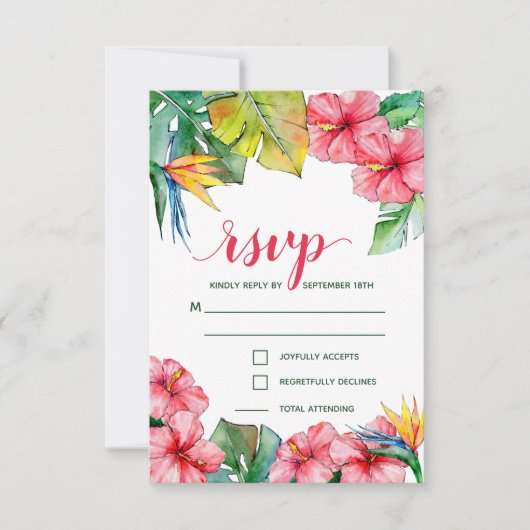 Tropische Hibiscus Hawaïaanse bruiloft RSVP Kaartje (Voorkant)