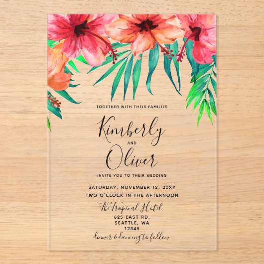 Tropische hibiscus Hawaiian Beach bruiloft Acryl Uitnodigingen (Voorkant)