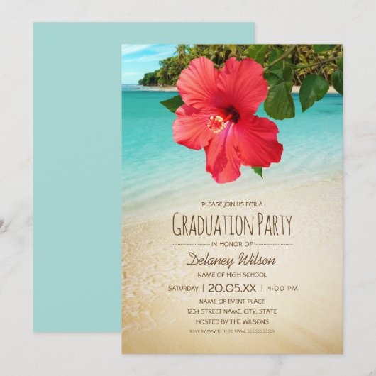 Tropische Hibiscus Hawaiian Beach Graduparty Kaart (Voorkant / Achterkant)