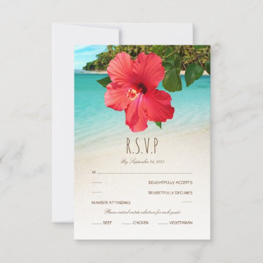 Tropische Hibiscus Hawaiian Beach thema bruiloft RSVP Kaartje (Voorkant)