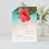 Tropische Hibiscus Hawaiian Beach thema bruiloft RSVP Kaartje (Staand voorkant)