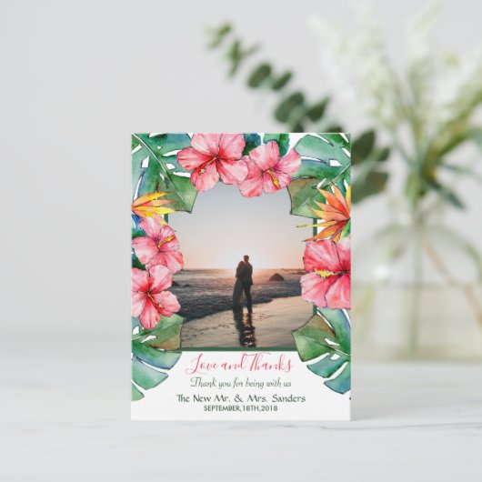 Tropische hibiscus Hawaiian foto bruiloft Dank je  Briefkaart (Staand voorkant)