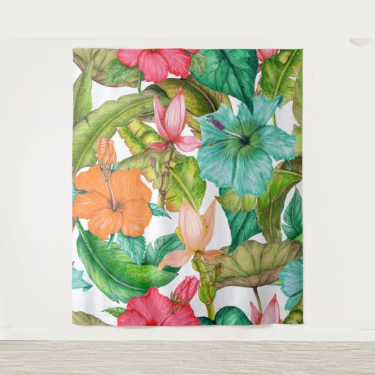 Tropische Hibiscus Hawaiian Waterverf Floral Tapes Wandkleed (Voorkant)