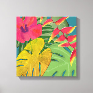 Tropische Hibiscus Heliconia & Leaves Canvas Afdruk