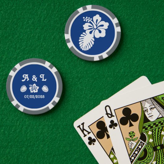 Tropische hibiscus in blauw poker chips (Pokertafel (Dubbel))