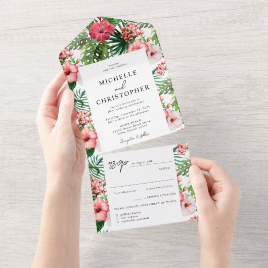 Tropische hibiscus Modern Wedding All In One Uitnodiging (Afscheurbaar)
