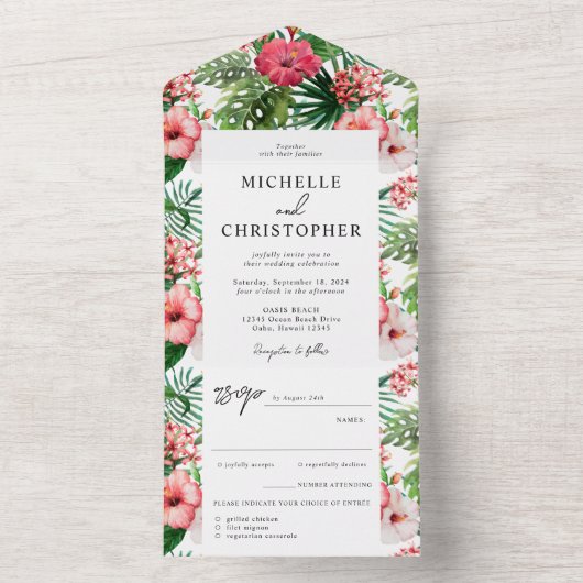 Tropische hibiscus Modern Wedding All In One Uitnodiging (Binnen)