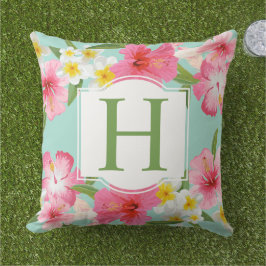 Tropische Hibiscus Monogram Aqua Bloem Buitenkussen