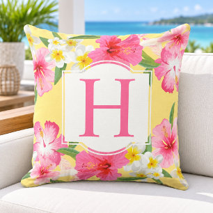 Tropische Hibiscus Monogram Gele Bloemen Buitenkussen