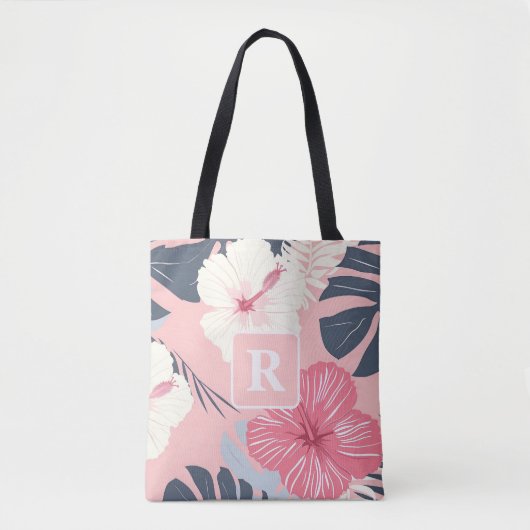 Tropische hibiscus monogram gepersonaliseerd tote bag (Voorkant)