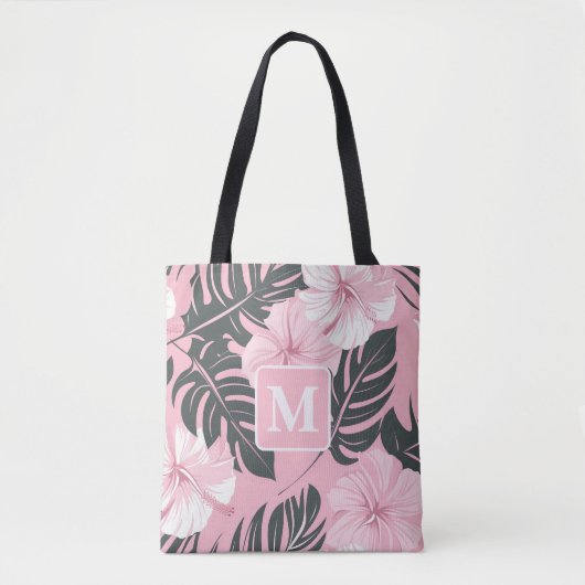 Tropische hibiscus monogram tote bag (Voorkant)