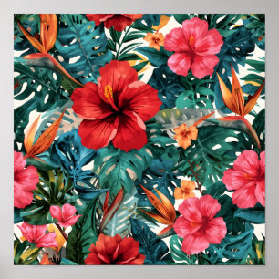 Tropische Hibiscus & Monstera Bladeren Patroonprin Poster