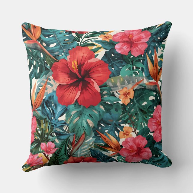 Tropische Hibiscus & Monstera Bladeren Worp Kussen (Achterkant)